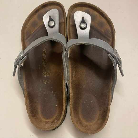 Birkenstocks Gizeh Birko-Flor Shiny silver flip-flop sandals 42 US 11.5 - Picture 3 of 9